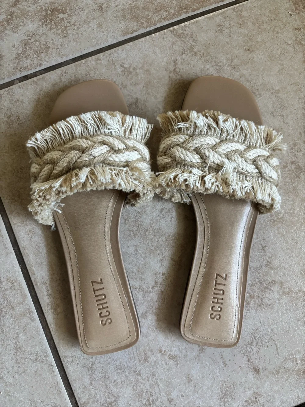 SCHUTZ Beige Braided Fringe Sandals